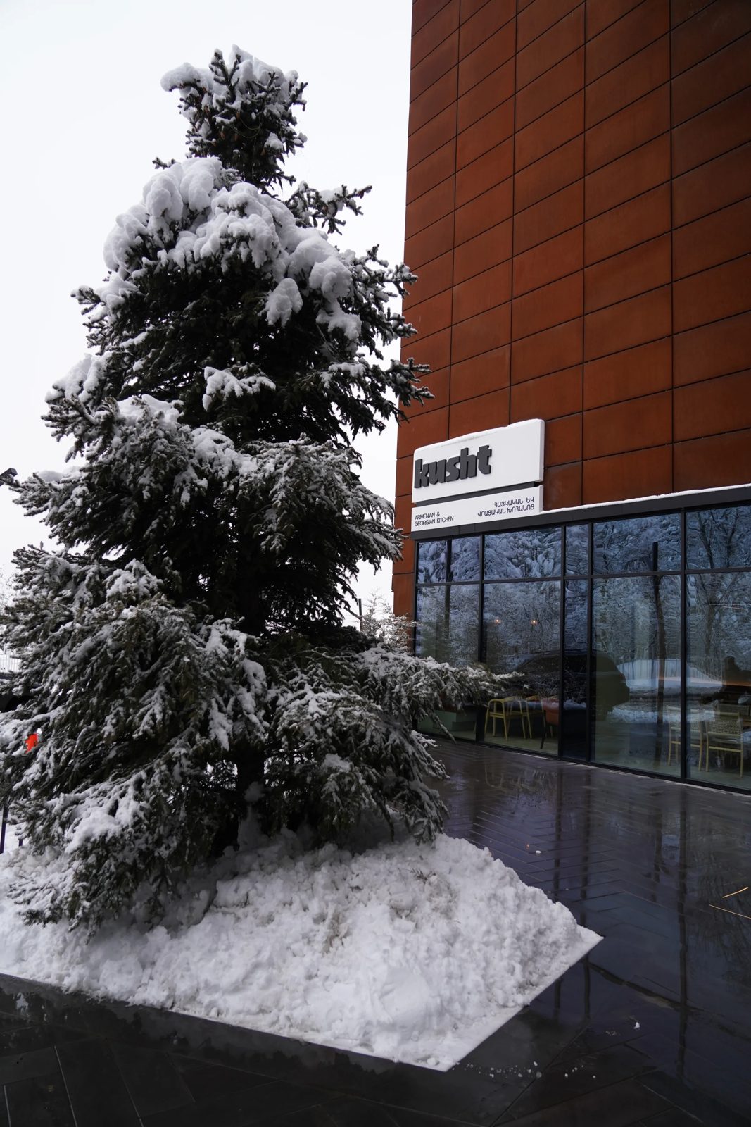 The Kusht building from outside, in winter
